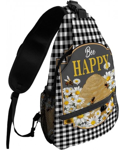 Sling Bag Crossbody Bag for Women Men Spring Bee White Daisy Black Plaid Waterproof Hiking Backpack Lightweight Chest Shoulde...