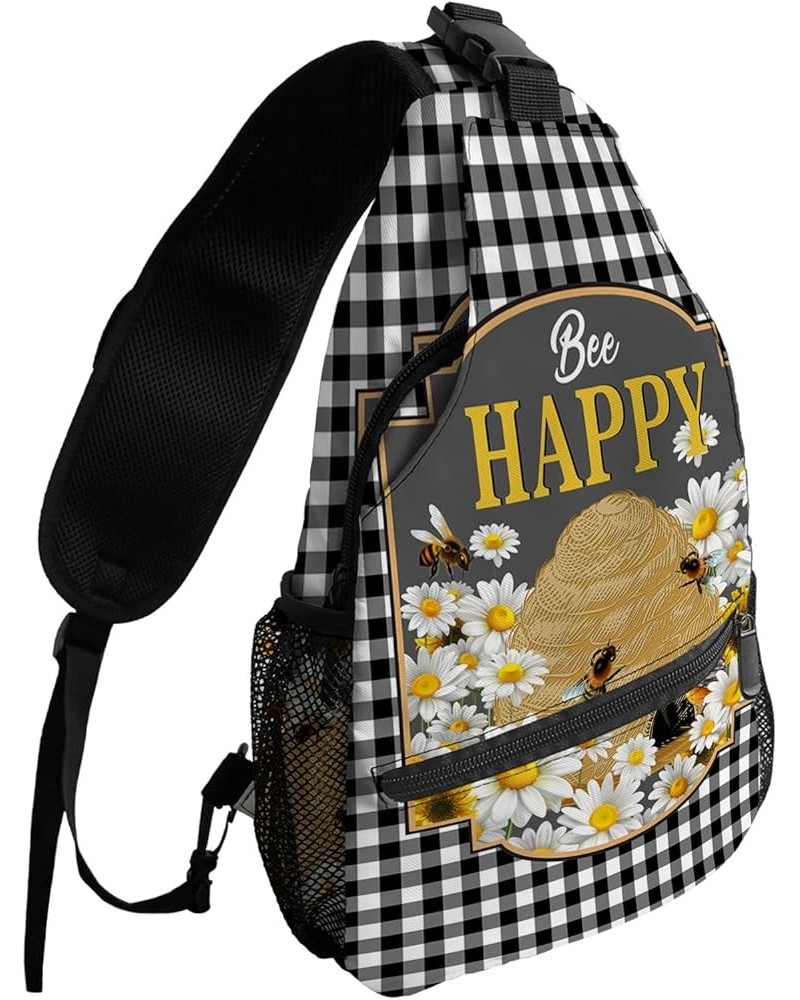 Sling Bag Crossbody Bag for Women Men Spring Bee White Daisy Black Plaid Waterproof Hiking Backpack Lightweight Chest Shoulde...