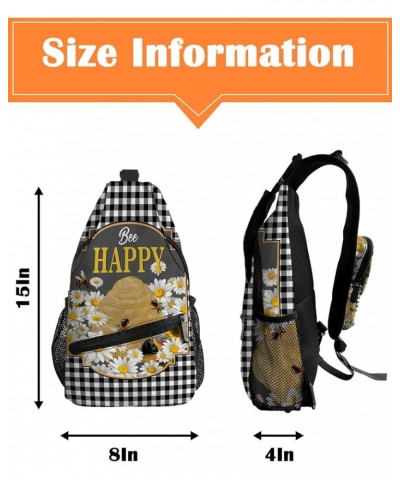 Sling Bag Crossbody Bag for Women Men Spring Bee White Daisy Black Plaid Waterproof Hiking Backpack Lightweight Chest Shoulde...