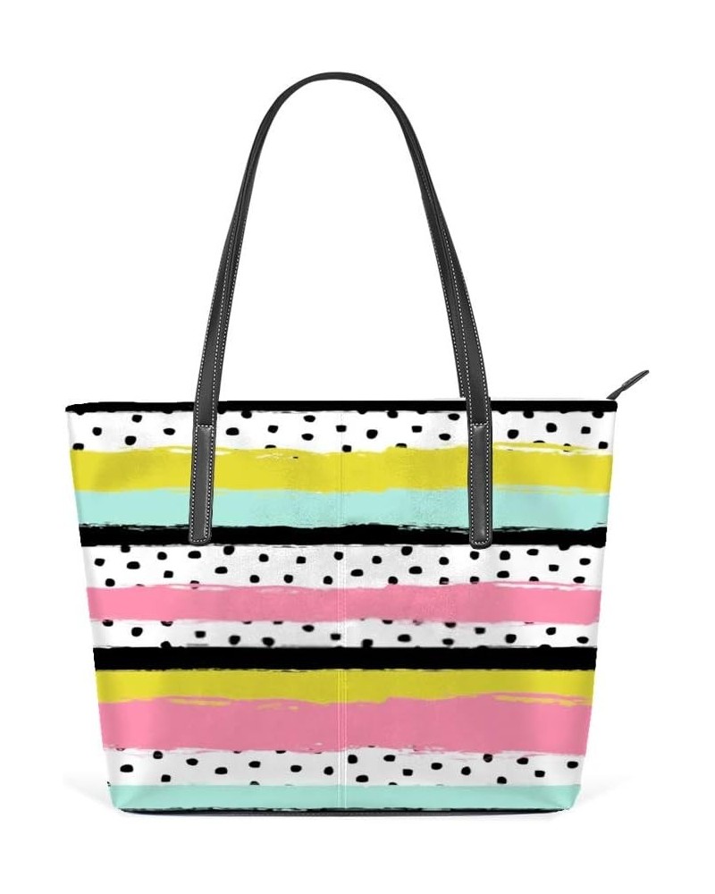 Women Handbag PU Leather Large Tote Shoulder Top Handle Satchel Bag Zippered ﻿Stripes and dots pattern Ladies Work Shopper Tr...