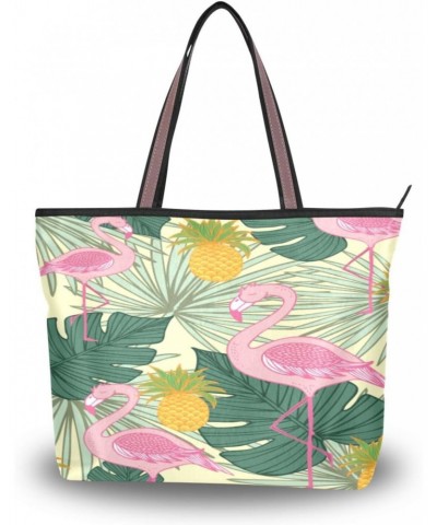 Womens Tote Bag, Tropic Flamingo Pineapple and Palm Leaves Ladies Zip Shoulder Handbags $13.43 Shoulder Bags