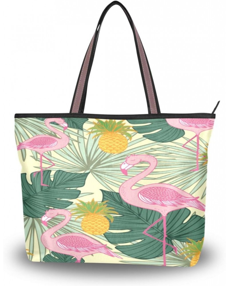 Womens Tote Bag, Tropic Flamingo Pineapple and Palm Leaves Ladies Zip Shoulder Handbags $13.43 Shoulder Bags