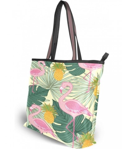 Womens Tote Bag, Tropic Flamingo Pineapple and Palm Leaves Ladies Zip Shoulder Handbags $13.43 Shoulder Bags