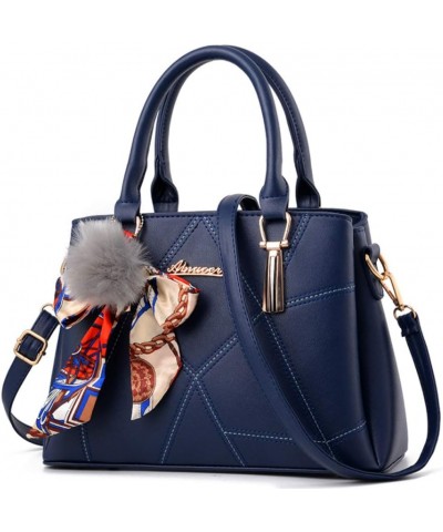 Women Ladies Handbag and Purse Splice Satchels Shoulder Bag PU Top-handle Bag Tote with Plush Pendant Dark Blue Dark Blue $27...