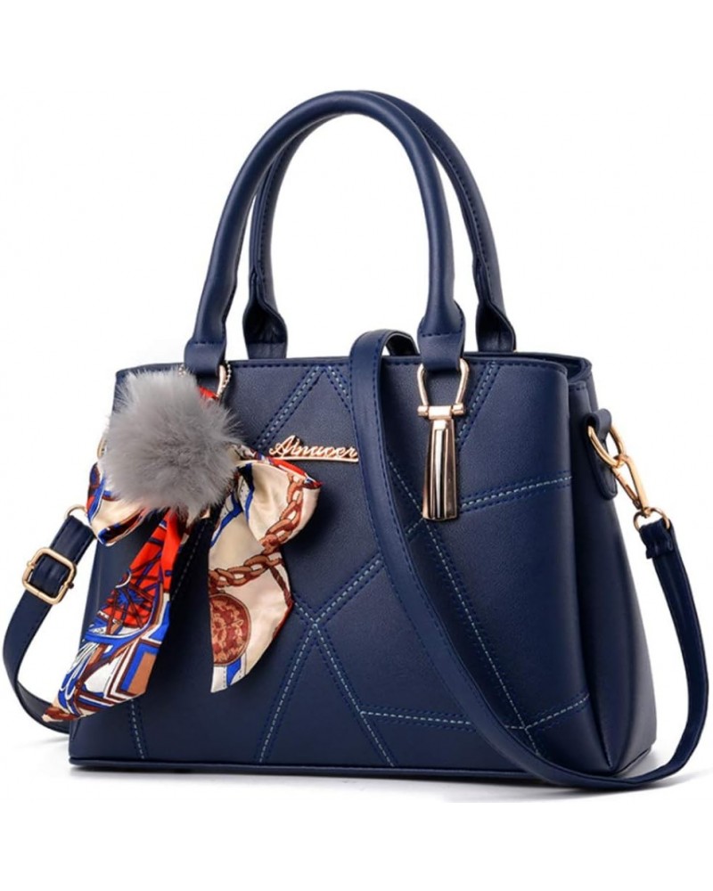 Women Ladies Handbag and Purse Splice Satchels Shoulder Bag PU Top-handle Bag Tote with Plush Pendant Dark Blue Dark Blue $27...