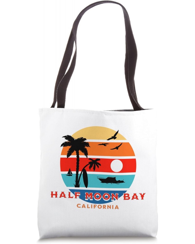 Half Moon Bay California Retro Sunset Surfboard Palm Trees Tote Bag $11.61 Totes