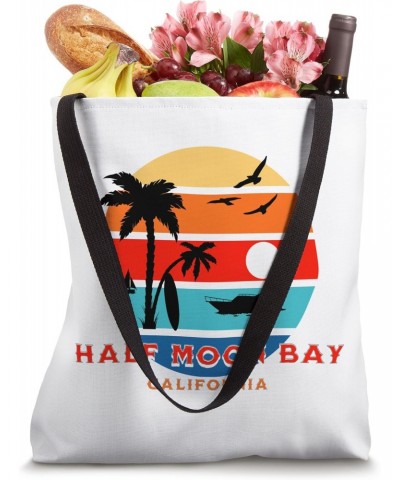 Half Moon Bay California Retro Sunset Surfboard Palm Trees Tote Bag $11.61 Totes