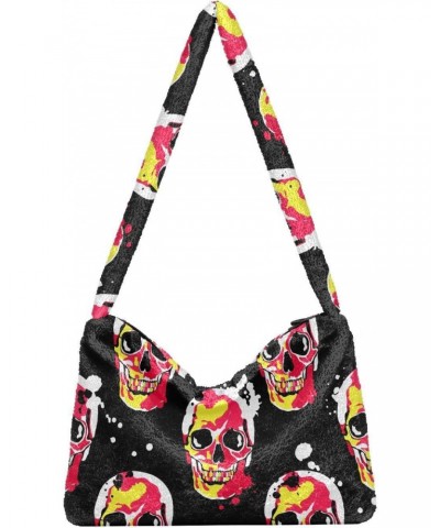 Skull Red Tote Handbags for Women Ultra Soft Fluffy Shoulder Bag with Zipper Fashion Durable Messenger Bag for Concert Picnic...