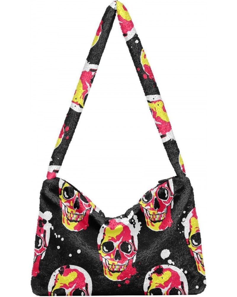 Skull Red Tote Handbags for Women Ultra Soft Fluffy Shoulder Bag with Zipper Fashion Durable Messenger Bag for Concert Picnic...