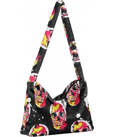 Skull Red Tote Handbags for Women Ultra Soft Fluffy Shoulder Bag with Zipper Fashion Durable Messenger Bag for Concert Picnic...