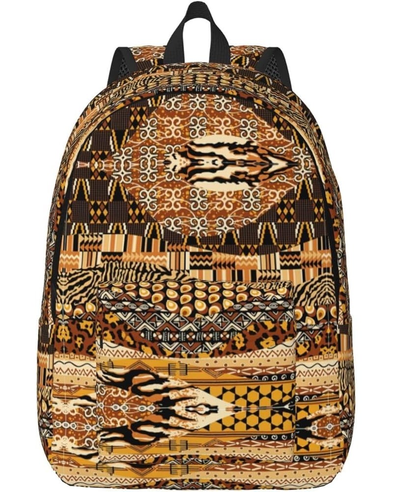 African Style Patchwork Print Casual Double Shoulder Daypack,Anti-Theft Travel Canvas Backpack For Men And Women Black Medium...