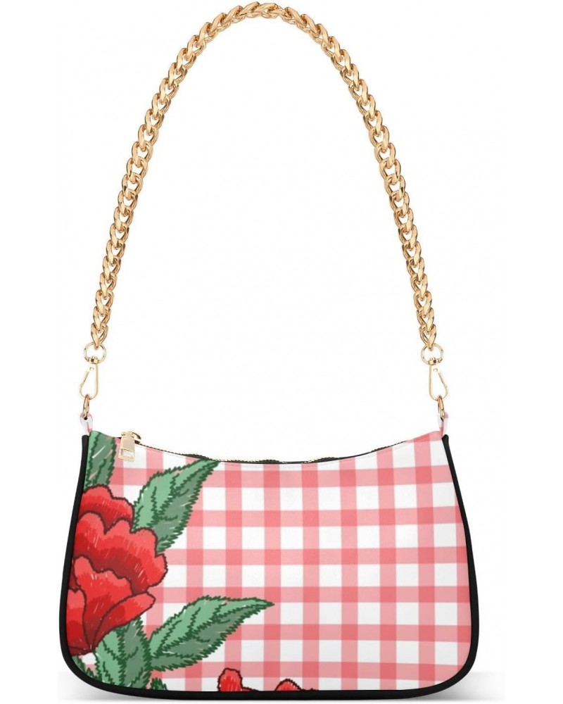 Women Chain Shoulder Purse Bag With Zipper Embroidery Roses Checkered Print, Hobo Tote Clutch Handbags with Chain Strap $18.2...