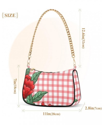 Women Chain Shoulder Purse Bag With Zipper Embroidery Roses Checkered Print, Hobo Tote Clutch Handbags with Chain Strap $18.2...