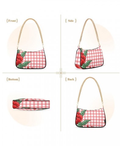 Women Chain Shoulder Purse Bag With Zipper Embroidery Roses Checkered Print, Hobo Tote Clutch Handbags with Chain Strap $18.2...