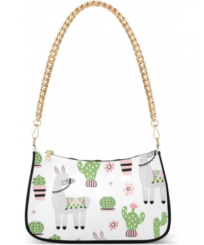 Cute Cactus Alpaca Little Llama Shoulder Bag for Women Fabric Crescent Handbag with Zipper Chain Clutch Purses for Girls Trav...