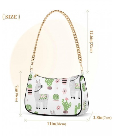 Cute Cactus Alpaca Little Llama Shoulder Bag for Women Fabric Crescent Handbag with Zipper Chain Clutch Purses for Girls Trav...