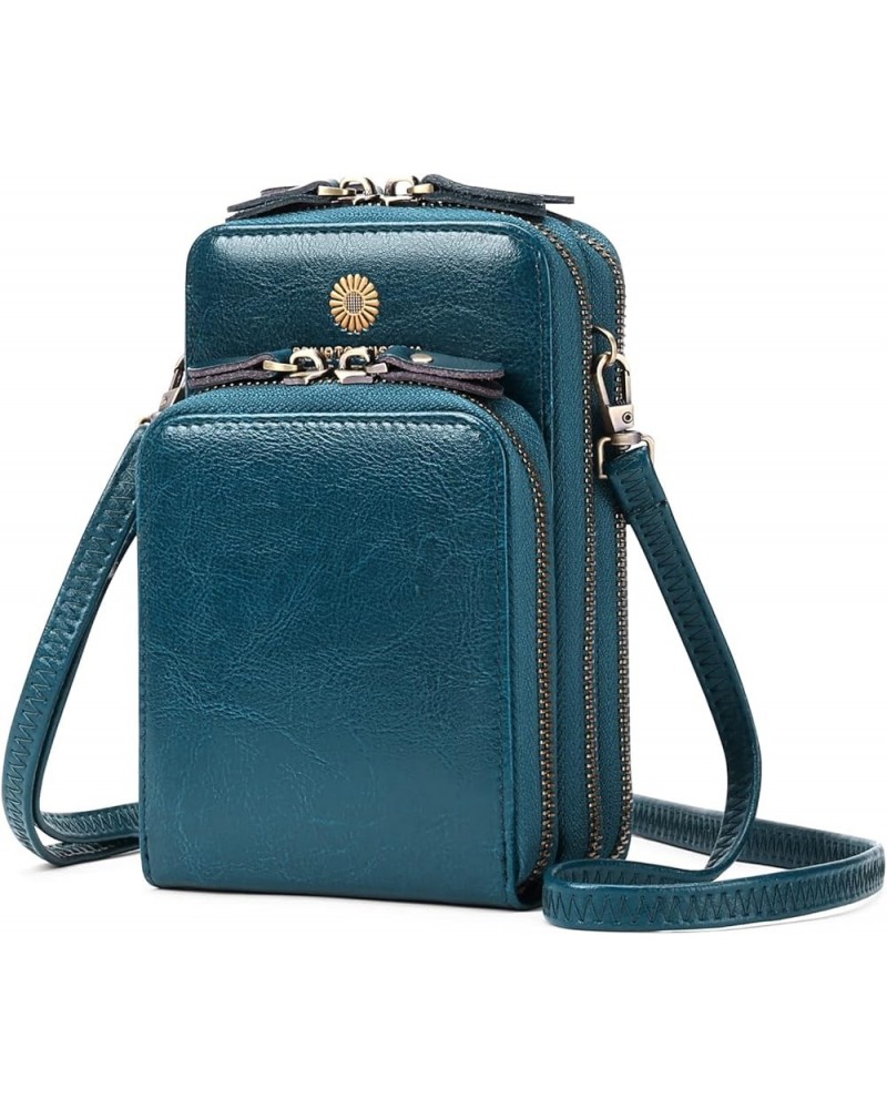 Genuine Leather Crossbody Bag for Women Mobile Phone Wallet 3 Zipper Purse Bag Female (Midnight black) Peacock Blue $38.18 Totes