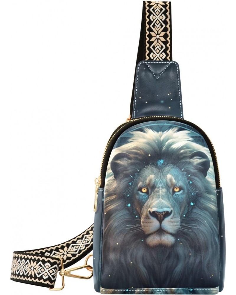 Zodiac Lion Print Women Sling Bag with Adjustable Strap Zipper Closure, PU Leather Water Resistant Crossbody Bag Purse Chest ...