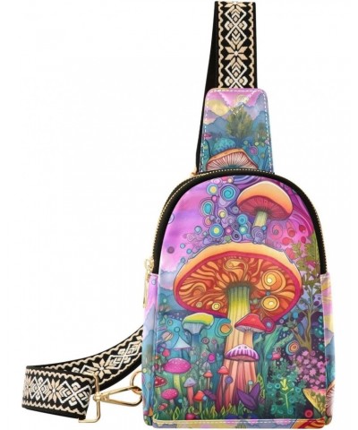 Women's Sling Bag Surreal Fantasy Mushroom Print with Adjustable Strap Zipper Closure, PU Leather Water Resistant Crossbody B...