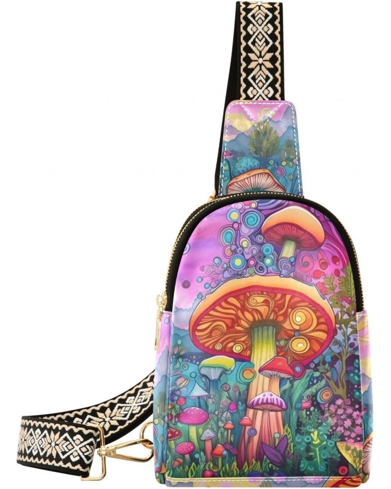 Women's Sling Bag Surreal Fantasy Mushroom Print with Adjustable Strap Zipper Closure, PU Leather Water Resistant Crossbody B...