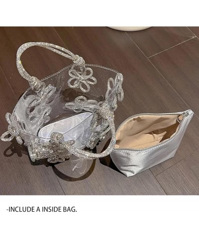 Rhinestone Handbag for Women Clear Tote Bags Glitter Transparent Evening Purses with Crystal Flower Pattern for Party Silver-...