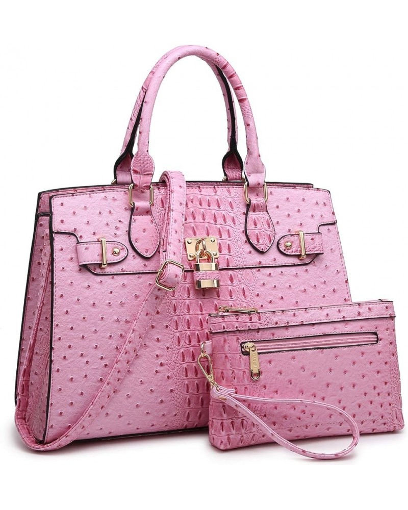 Women Handbags and Purses Ladies Shoulder Bag Top Handle Satchel Tote Work Bag with Matching Clutch 3-ostrich Pink With Rolle...