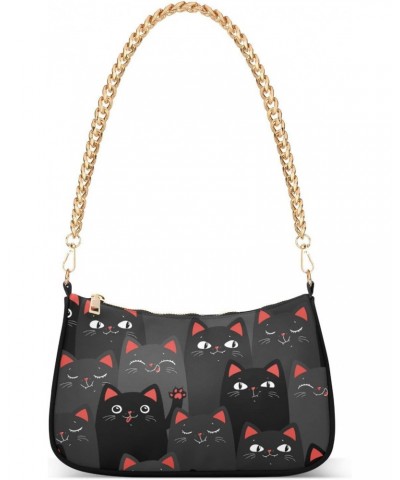 Black Cats Cartoon Shoulder Bag for Women Fabric Crescent Handbag with Zipper Chain Clutch Purses for Concert Teen Girls Trav...