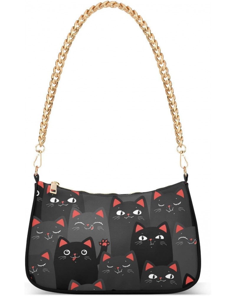 Black Cats Cartoon Shoulder Bag for Women Fabric Crescent Handbag with Zipper Chain Clutch Purses for Concert Teen Girls Trav...