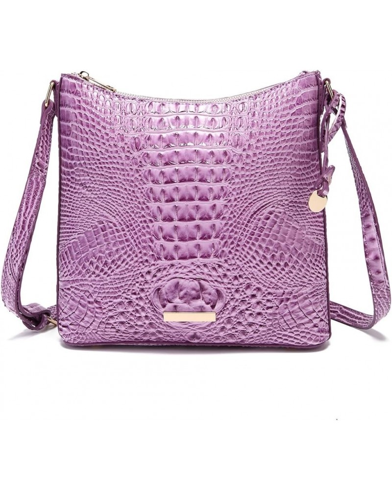 Shoulder Crocodile Flat Handbags for Women trendy Ladies Shoulder Bag Embossed Pattern Leather Crossbody Purse Light Purple $...