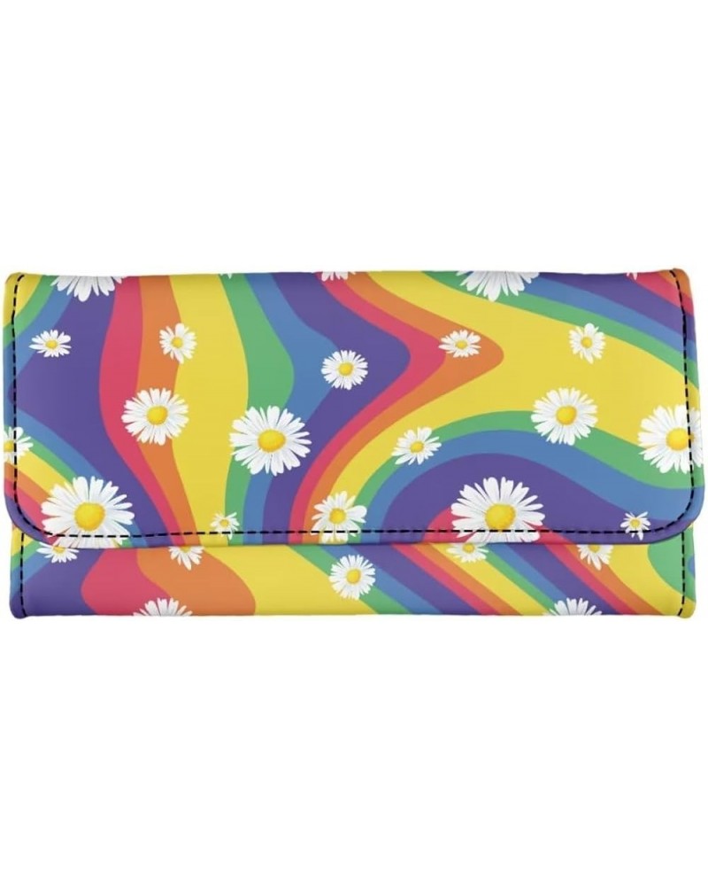 Cute Cherry Print Tri-Fold Wallet Women Purse Card Pockets Leather Wallet for Girls Rainbow Daisy $15.59 Wallets