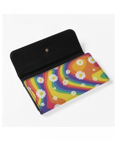 Cute Cherry Print Tri-Fold Wallet Women Purse Card Pockets Leather Wallet for Girls Rainbow Daisy $15.59 Wallets