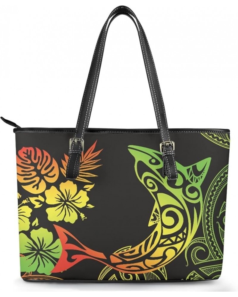 Women's Polynesian Flower 3D Printed PU Leather Tote Bag Top Handle Adjustable Satchel Handbags Green Yellow Polynesian Hibis...