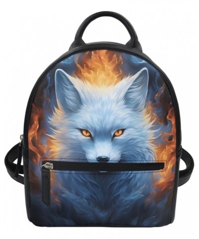 Women Novelty Fox Print PU Leather Small Backpack Shoulder Bag Ladies Travel Bag,Flame Red Fox Blue Flame Fox $17.14 Backpacks