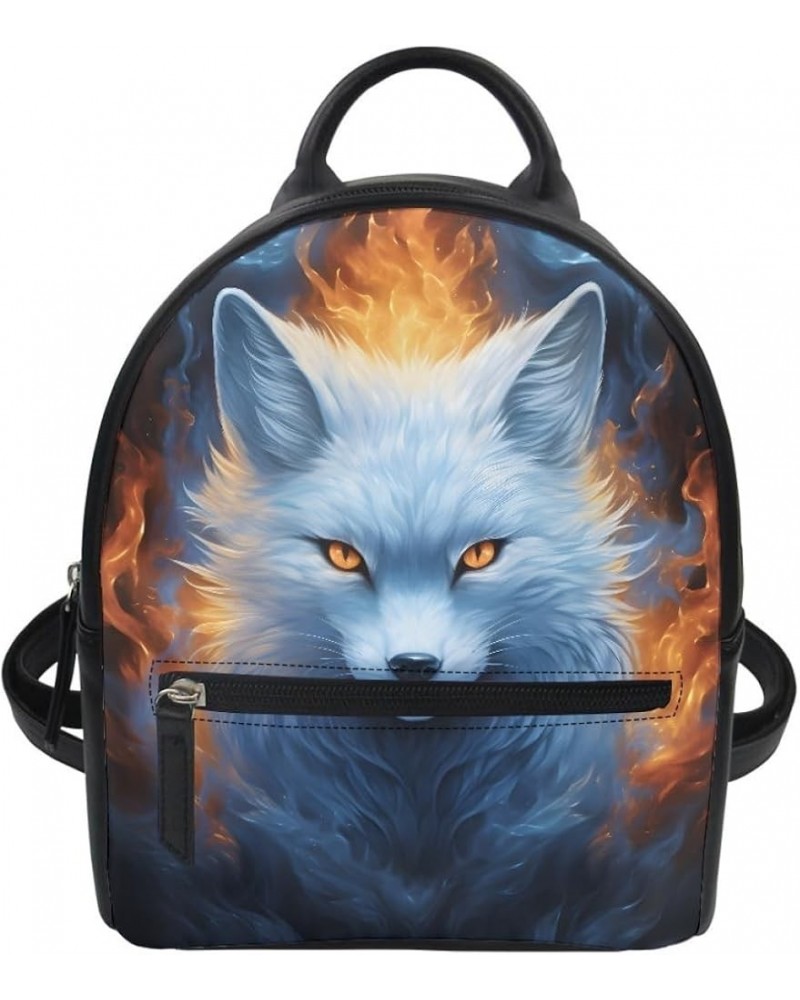 Women Novelty Fox Print PU Leather Small Backpack Shoulder Bag Ladies Travel Bag,Flame Red Fox Blue Flame Fox $17.14 Backpacks