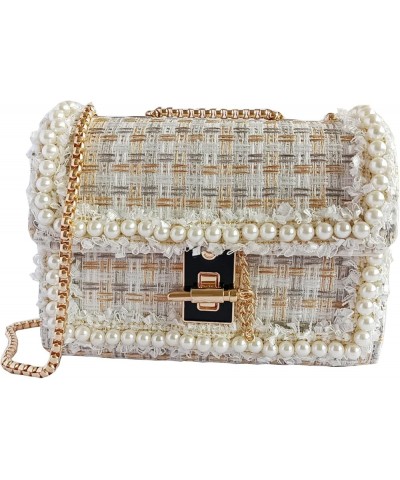 Women's Pearl Purses Handbag Fashion Top Handle Tweed Beaded Satchel Shoulder Bag Chain Crossbody Clutch Evening Bag Beige $3...