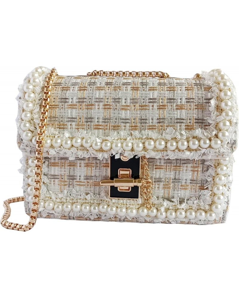 Women's Pearl Purses Handbag Fashion Top Handle Tweed Beaded Satchel Shoulder Bag Chain Crossbody Clutch Evening Bag Beige $3...