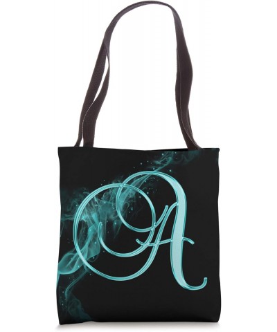 A Teal Smoke Fire Black Initial Cursive Monogram Letter Name Tote Bag $11.58 Totes