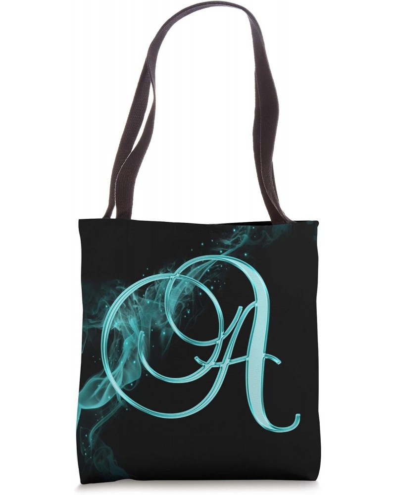 A Teal Smoke Fire Black Initial Cursive Monogram Letter Name Tote Bag $11.58 Totes