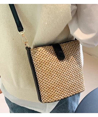 Women Straw Crossbody Bag Beach Handmade Rattan Shoulder Bags Hand Woven Leather Straps Straw Clutch Purse Vacation Black-lar...