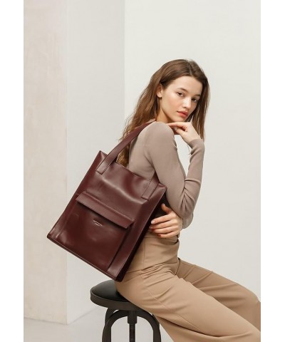 Women's leather shopper shoulder bag crust BETSI with pocket 36 x 30 x 10 cm Burgundy $37.50 Shoulder Bags