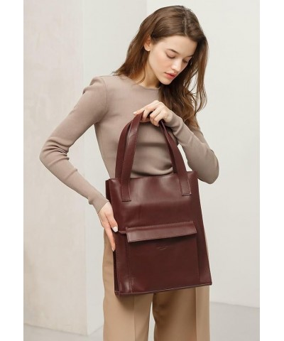 Women's leather shopper shoulder bag crust BETSI with pocket 36 x 30 x 10 cm Burgundy $37.50 Shoulder Bags