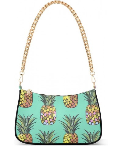 Grunge Dinosaur on Dark Hobo Purses for Women Shoulder Bag Gold Chain Shoulder Bag with Zipper Seamless Pineapples on Teal $1...