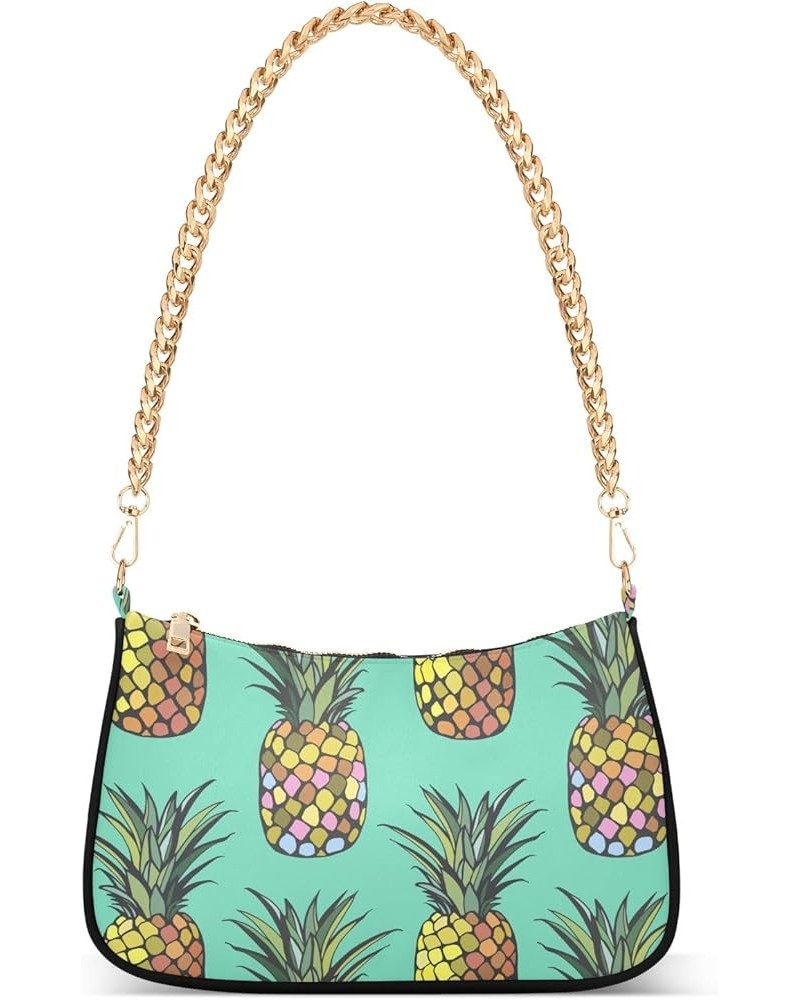 Grunge Dinosaur on Dark Hobo Purses for Women Shoulder Bag Gold Chain Shoulder Bag with Zipper Seamless Pineapples on Teal $1...