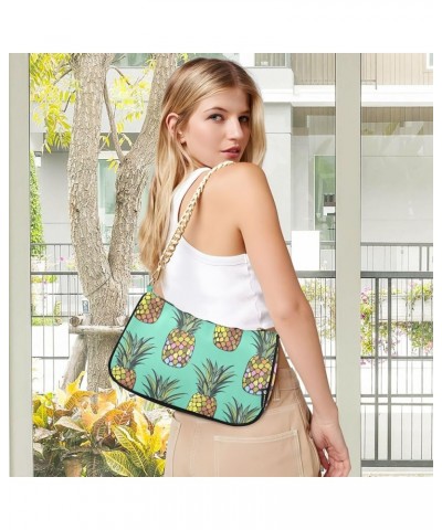 Grunge Dinosaur on Dark Hobo Purses for Women Shoulder Bag Gold Chain Shoulder Bag with Zipper Seamless Pineapples on Teal $1...