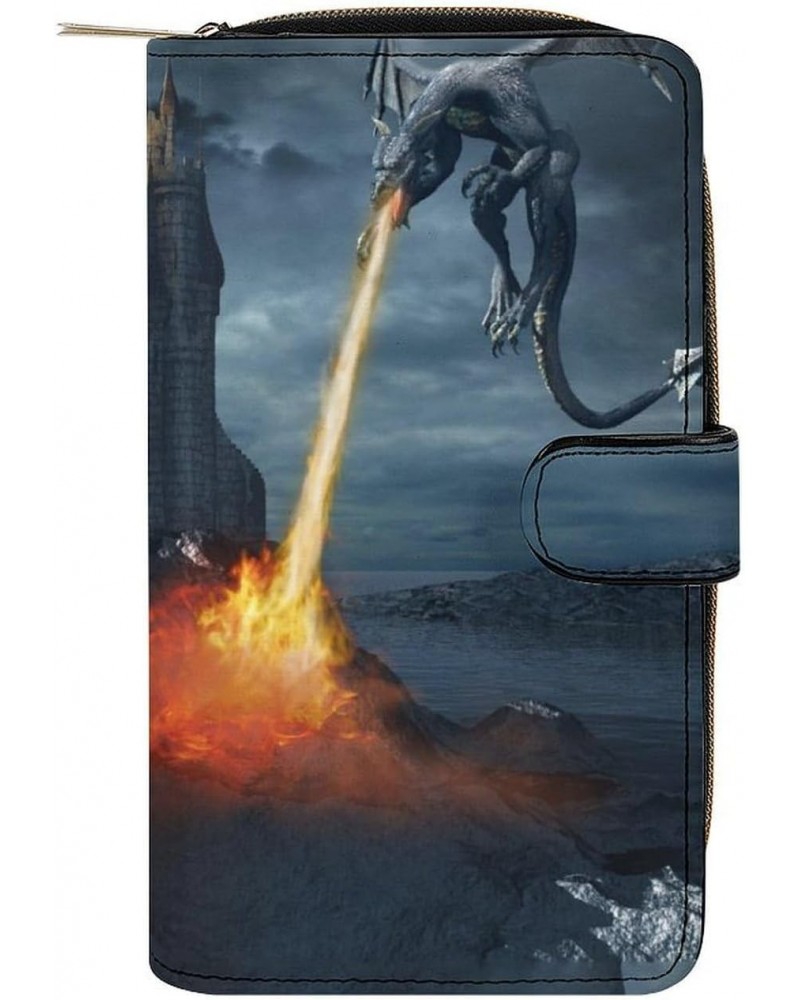 Two Dragons Attack The Castle Womens Leather Wallets Slim Card Holder Purse RFID Blocking Bifold Clutch Handbag Zippered Pock...