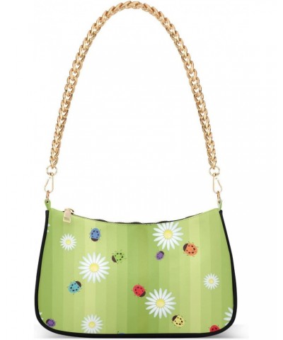 Spring Ladybug Flowers Shoulder Bag for Women Fabric Crescent Handbag with Zipper Chain Clutch Purses for Teen Girls Travel P...