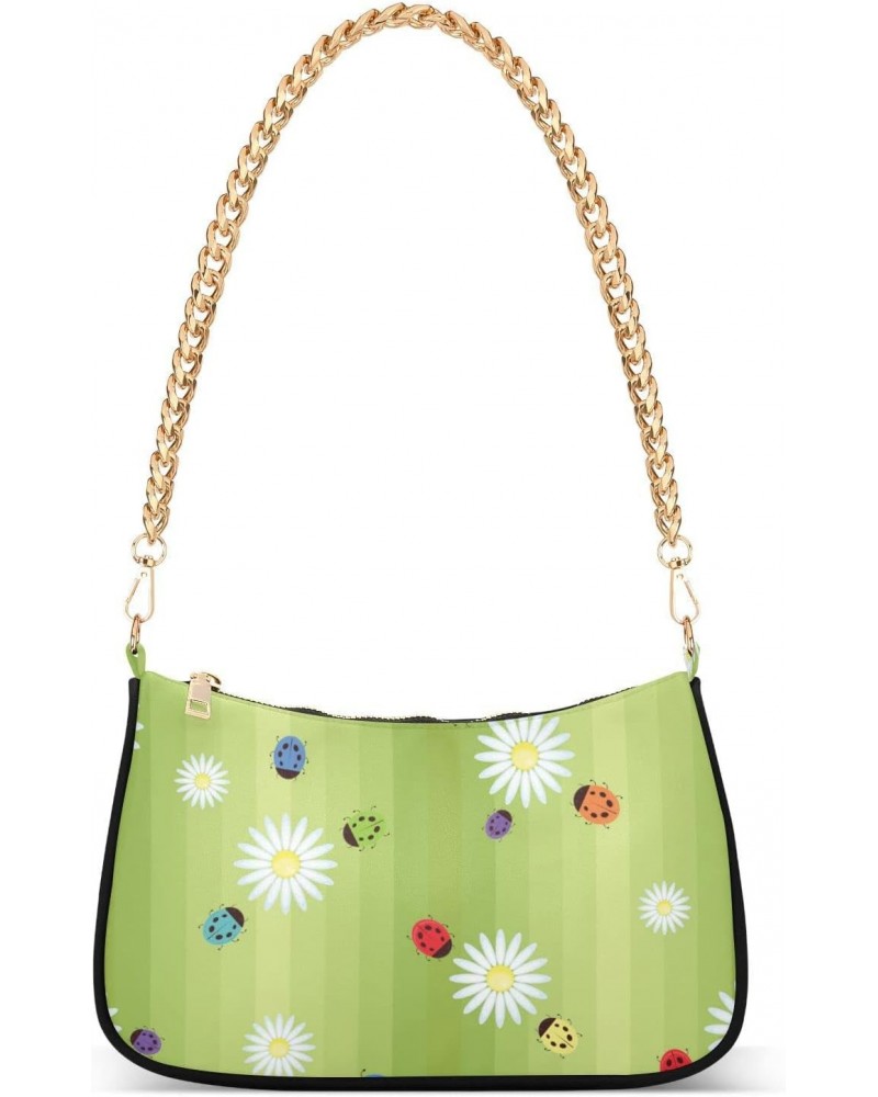 Spring Ladybug Flowers Shoulder Bag for Women Fabric Crescent Handbag with Zipper Chain Clutch Purses for Teen Girls Travel P...