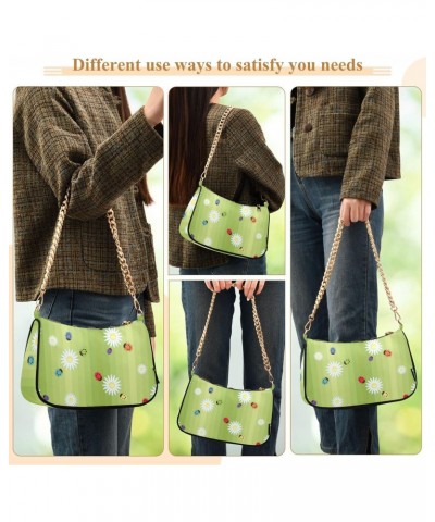 Spring Ladybug Flowers Shoulder Bag for Women Fabric Crescent Handbag with Zipper Chain Clutch Purses for Teen Girls Travel P...