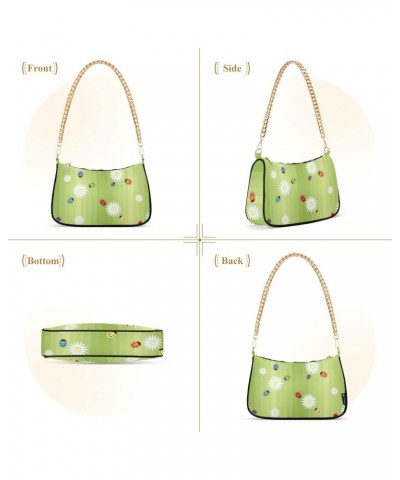 Spring Ladybug Flowers Shoulder Bag for Women Fabric Crescent Handbag with Zipper Chain Clutch Purses for Teen Girls Travel P...