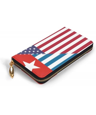 American Flag And British Flag Ladies Long Wallet Genuine Cowhide Zip Closure Card Slot Wallet American Flag And West Papua N...